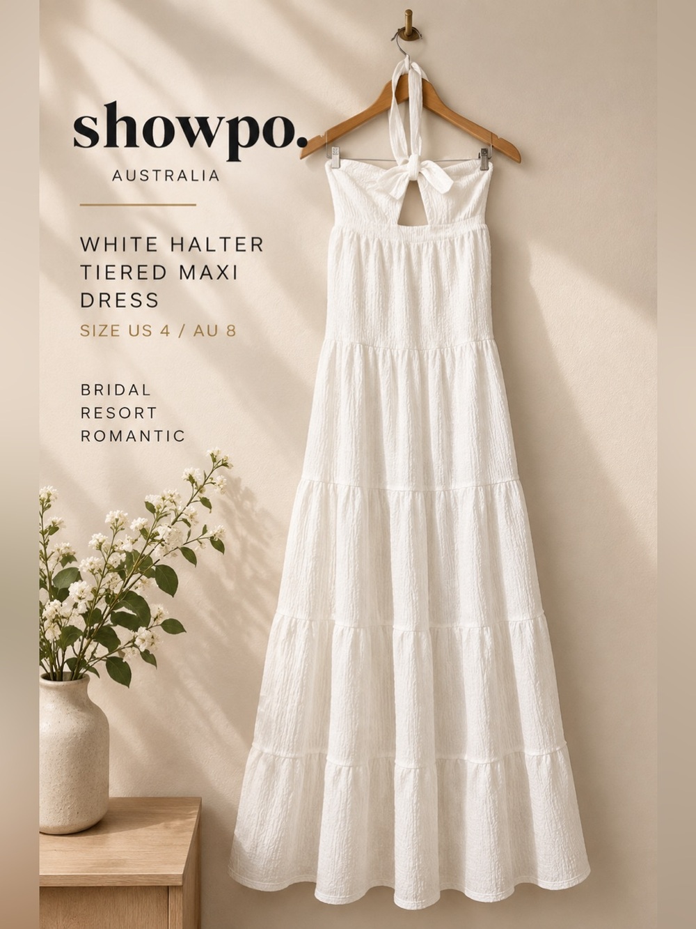 Showpo White Halter Tiered Maxi Dress Size US 4